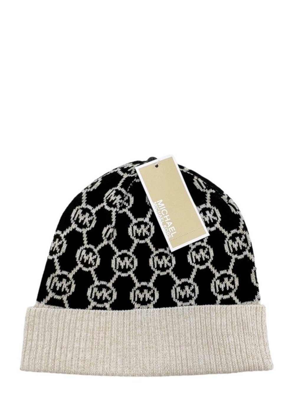 Michael Kors Hat MK Logo Black Cream & Gold Metallic Knit Winter Beanie NWT New